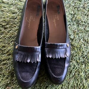 Ferragamo Black Leather Loafers with Fringe Detail